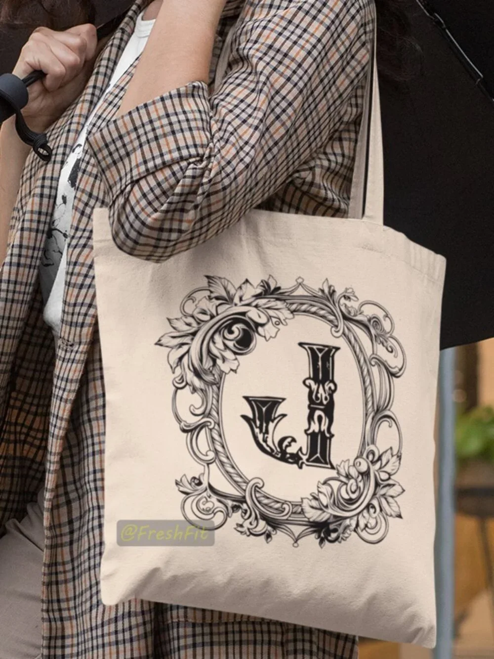 🆕Letter J Ornate Initial Natural Canvas Tote Bag
